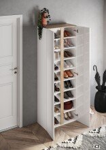 Schuhschrank >Farina< Spiegel, Weiss Hochglanz Lack / Eiche Cadiz Dekor - 70x185x35cm B/H/T