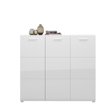 Schuhkommode >MERANO < 10 Böden, 3 Türen, Alpinweiß / Weiß Hochglanz - 135x120x36 (BxHxT)