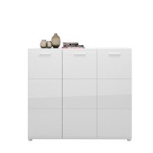 Schuhkommode >MERANO < 10 Böden, 3 Türen, Alpinweiß / Weiß Hochglanz - 135x120x36 (BxHxT)