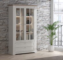 Vitrine >ILOPPA< 2 Türen, 2 Schübe, Schnee/Nelson Eiche Dekor 125,3x209,8x44,3cm BxHxT