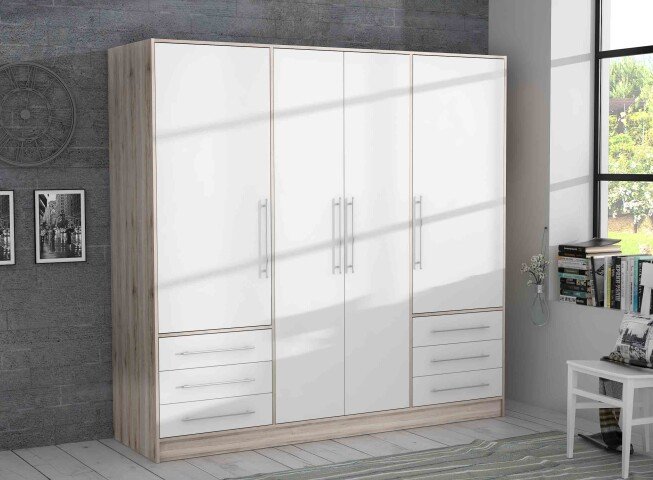 Drehtürenschrank >JUPITER< 4 Türen, 6 Schübe, Sandeiche Dekor / Weiss - 206,5x200x60cm (BxHxT)