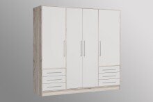 Drehtürenschrank >JUPITER< 4 Türen, 6 Schübe, Sandeiche Dekor / Weiss - 206,5x200x60cm (BxHxT)