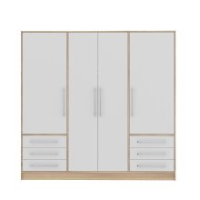 Drehtürenschrank >JUPITER< 4 Türen, 6 Schübe, Sonoma Eiche Dekor / Weiss - 206,5x200x60cm (BxHxT)