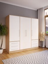 Drehtürenschrank >JUPITER< 4 Türen, 6 Schübe, Sonoma Eiche Dekor / Weiss - 206,5x200x60cm (BxHxT)
