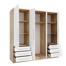 Drehtürenschrank >JUPITER< 4 Türen, 6 Schübe, Sonoma Eiche Dekor / Weiss - 206,5x200x60cm (BxHxT)