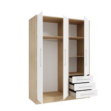 Drehtürenschrank >JUPITER< 3 Türen, 3 Schübe, Sonoma Eiche Dekor / Weiss - 144,6x200x60cm (BxHxT)