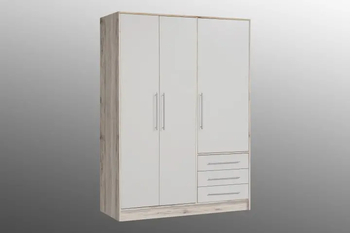 Drehtürenschrank >JUPITER< 3 Türen, 3 Schübe, Sandeiche Dekor / Weiss - 144,6x200x60cm (BxHxT)