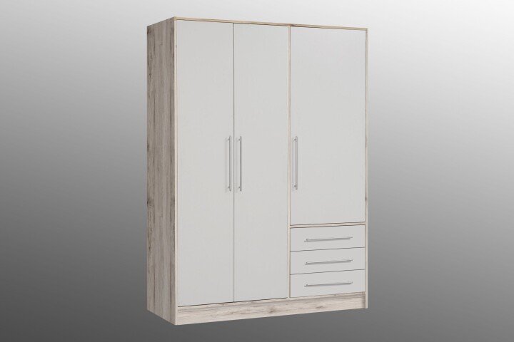 Drehtürenschrank >JUPITER< 3 Türen, 3 Schübe, Sandeiche Dekor / Weiss - 144,6x200x60cm (BxHxT)