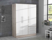 Drehtürenschrank >JUPITER< 3 Türen, 3 Schübe, Sandeiche Dekor / Weiss - 144,6x200x60cm (BxHxT)