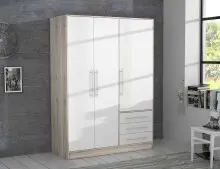 Drehtürenschrank >JUPITER< 3 Türen, 3 Schübe, Sandeiche Dekor / Weiss - 144,6x200x60cm (BxHxT)