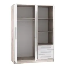 Drehtürenschrank >JUPITER< 3 Türen, 3 Schübe, Sandeiche Dekor / Weiss - 144,6x200x60cm (BxHxT)