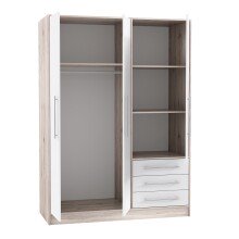 Drehtürenschrank >JUPITER< 3 Türen, 3 Schübe, Sandeiche Dekor / Weiss - 144,6x200x60cm (BxHxT)