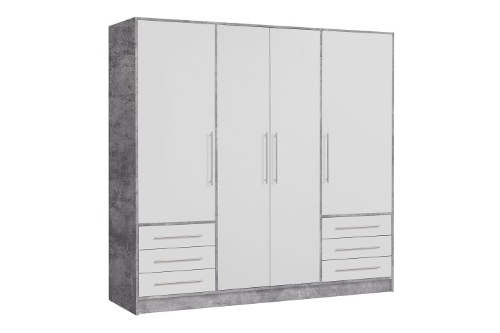 Drehtürenschrank >JUPITER< 4 Türen, 6 Schübe, Betonoptik / Weiss - 206,5x200x60 (BxHxT)