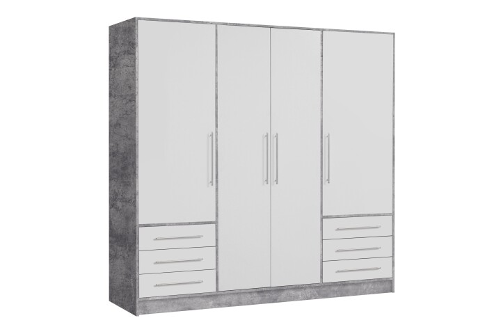 Drehtürenschrank >JUPITER< 4 Türen, 6 Schübe, Betonoptik / Weiss - 206,5x200x60 (BxHxT)