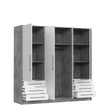 Drehtürenschrank >JUPITER< 4 Türen, 6 Schübe, Betonoptik / Weiss - 206,5x200x60 (BxHxT)