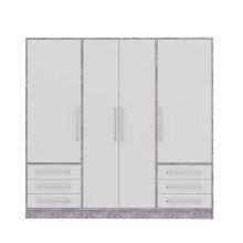 Drehtürenschrank >JUPITER< 4 Türen, 6 Schübe, Betonoptik / Weiss - 206,5x200x60 (BxHxT)