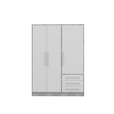 Drehtürenschrank >JUPITER < 3 Türen, 3 Schübe, Betonoptik / Weiss - 144,6x200x60 (BxHxT)