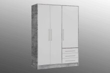 Drehtürenschrank >JUPITER < 3 Türen, 3 Schübe, Betonoptik / Weiss - 144,6x200x60 (BxHxT)