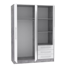 Drehtürenschrank >JUPITER < 3 Türen, 3 Schübe, Betonoptik / Weiss - 144,6x200x60 (BxHxT)