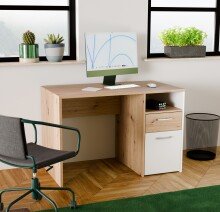 Schreibtisch >CULGOA< Schublade, Tür, Fach, Weiss/ Artisan Eiche Dekor - 110x74,8x60cm BxHxT