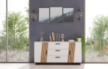 Sideboard >LINDA< 3 Schübe, Weiss / Lamellen Artisan Eiche Dekor - 160x80x43,6 (BxHxT)