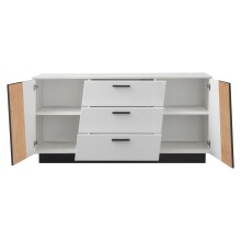 Sideboard >LINDA< 3 Schübe, Weiss / Lamellen Artisan Eiche Dekor - 160x80x43,6 (BxHxT)