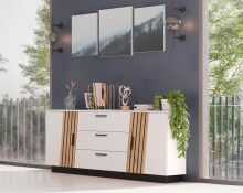 Sideboard >LINDA< 3 Schübe, Weiss / Lamellen Artisan Eiche Dekor - 160x80x43,6 (BxHxT)