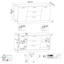 Sideboard >LINDA< 3 Schübe, Weiss / Lamellen Artisan Eiche Dekor - 160x80x43,6 (BxHxT)