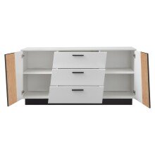 Sideboard >LINDA< 3 Schübe, Weiss / Lamellen Artisan Eiche Dekor - 160x80x43,6 (BxHxT)