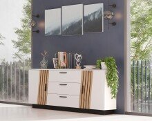 Sideboard >LINDA< 3 Schübe, Weiss / Lamellen Artisan Eiche Dekor - 160x80x43,6 (BxHxT)
