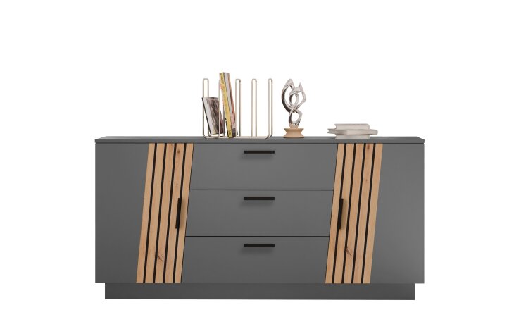 Sideboard >Platina< 3 Schübe, Grau / Lamellen Artisan Eiche Dekor - 160x80x43,6 (BxHxT)