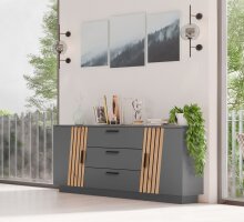 Sideboard >Platina< 3 Schübe, Grau / Lamellen Artisan Eiche Dekor - 160x80x43,6 (BxHxT)