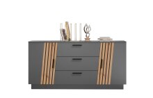 Sideboard >Platina< 3 Schübe, Grau / Lamellen Artisan Eiche Dekor - 160x80x43,6 (BxHxT)