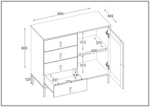 Kommode >WZ-0800< 4 Schubladen, 1 Tür, Kiefer massiv weiß lackiert  - 90x80x40 (BxHxT)