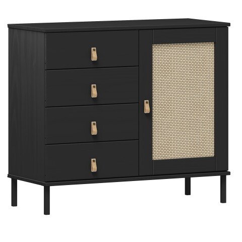 Kommode >WZ-0800< 4 Schubladen, 1 Tür, Kiefer massiv schwarz lackiert - 90x80x40 (BxHxT)