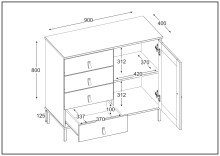 Kommode >WZ-0800< 4 Schubladen, 1 Tür, Kiefer massiv schwarz lackiert - 90x80x40 (BxHxT)