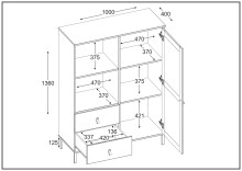 Highboard >WZ-0800< 2 Schübe, 1 Tür, Kiefer massiv schwarz lackiert  - 100x136x40 (BxHxT)