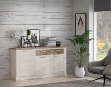 Sideboard >DURO< 3 Türen, Pinie Weiss / Eiche Antik Dekor - 172,2x90,3x41,3cm (BxHxT)