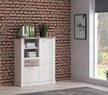 Highboard >DURO< 2 Türen, Pinie Weiss / Eiche Antik Dekor - 109,8x128,3x41,3cm (BxHxT)