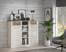 Highboard >DURO< 2 Türen, Pinie Weiss / Eiche Antik Dekor - 159,6x128,3x41,3cm (BxHxT)
