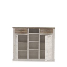 Highboard >DURO< 2 Türen, Pinie Weiss / Eiche Antik Dekor - 159,6x128,3x41,3cm (BxHxT)