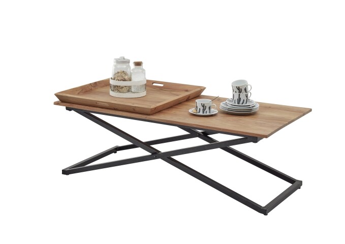 Couchtisch >Allround< 2 Tabletts, Akazie massiv / Metall schwarz- 122x46x61 (BxHxT)