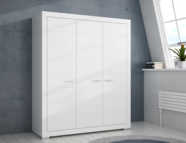 Kleiderschrank >SNOW< 3 Türen, 1 Stange, 7 Fächer, in weiß