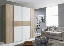 Dreh-/Schwebetürenschrank >KALIXTUS< 8 Böden, 2 Stangen, Sonoma Eiche Dekor/ Weiss - 200x190,5x61,6cm BxHxT