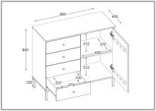 Sideboard >WZ-0801< 4 Schübe, 1 Tür, Kiefer massiv eichefarbig lackiert - 90x80x40 (BxHxT)
