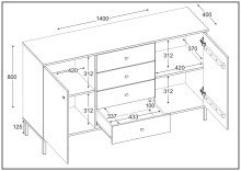 Sideboard >WZ-0801< 4xSchub, 2xTür, Kiefer massiv eichefarbig lackiert - 140x80x40cm B/H/T