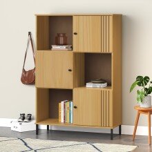 Standregal >WZ-0801< 3 Türen, 3 Fächer, Kiefer massiv eichefarbig lack - 95x141x40 (BxHxT)