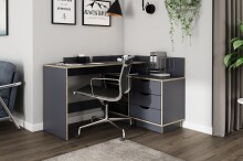 Winkelschreibtisch >BELFAST< Anthrazit, Kanten Eiche 129x83,5x105 cm (BxHxT)