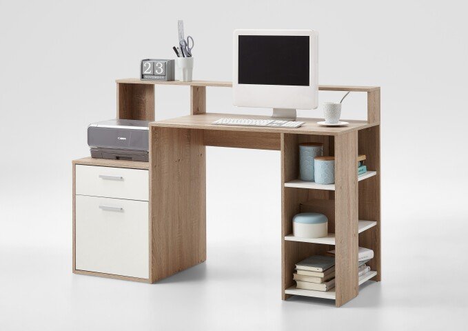 Schreibtisch >BOLTON< in Eiche Dekor-weiß - 138,5x91,6x53,5cm (BxHxT)