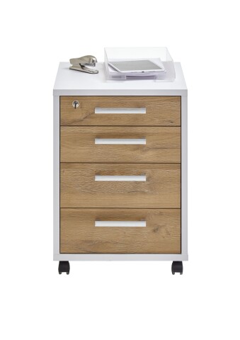 Rollcontainer >CALVIA 4< in Brillantweiß-Alteiche Dekor - 48x65,5x49,5cm (BxHxT)